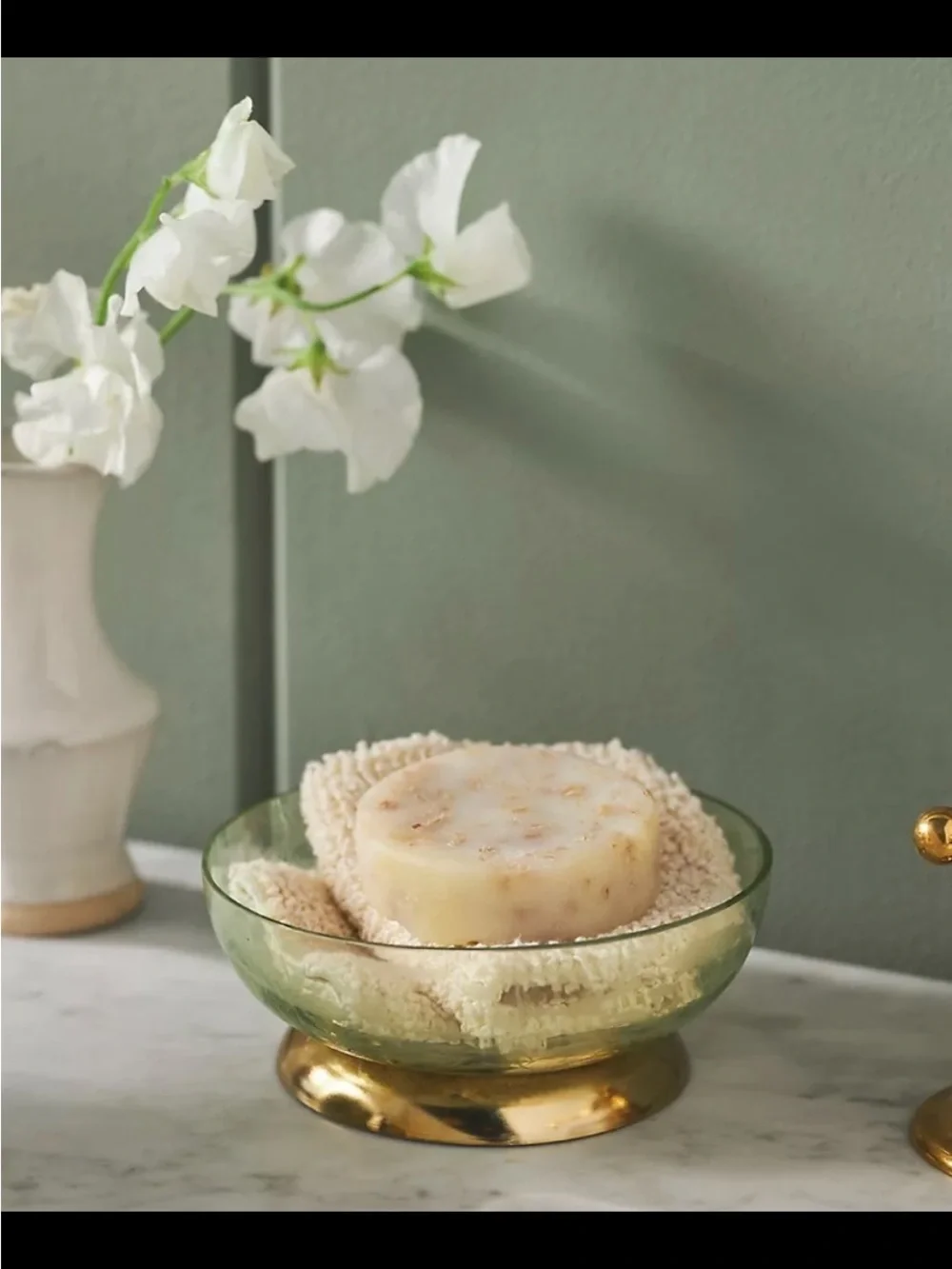 Anthropologie Floral Etched Glass 5 Piece Bath Accessories with Gold Trim. - Picture 4 of 6
